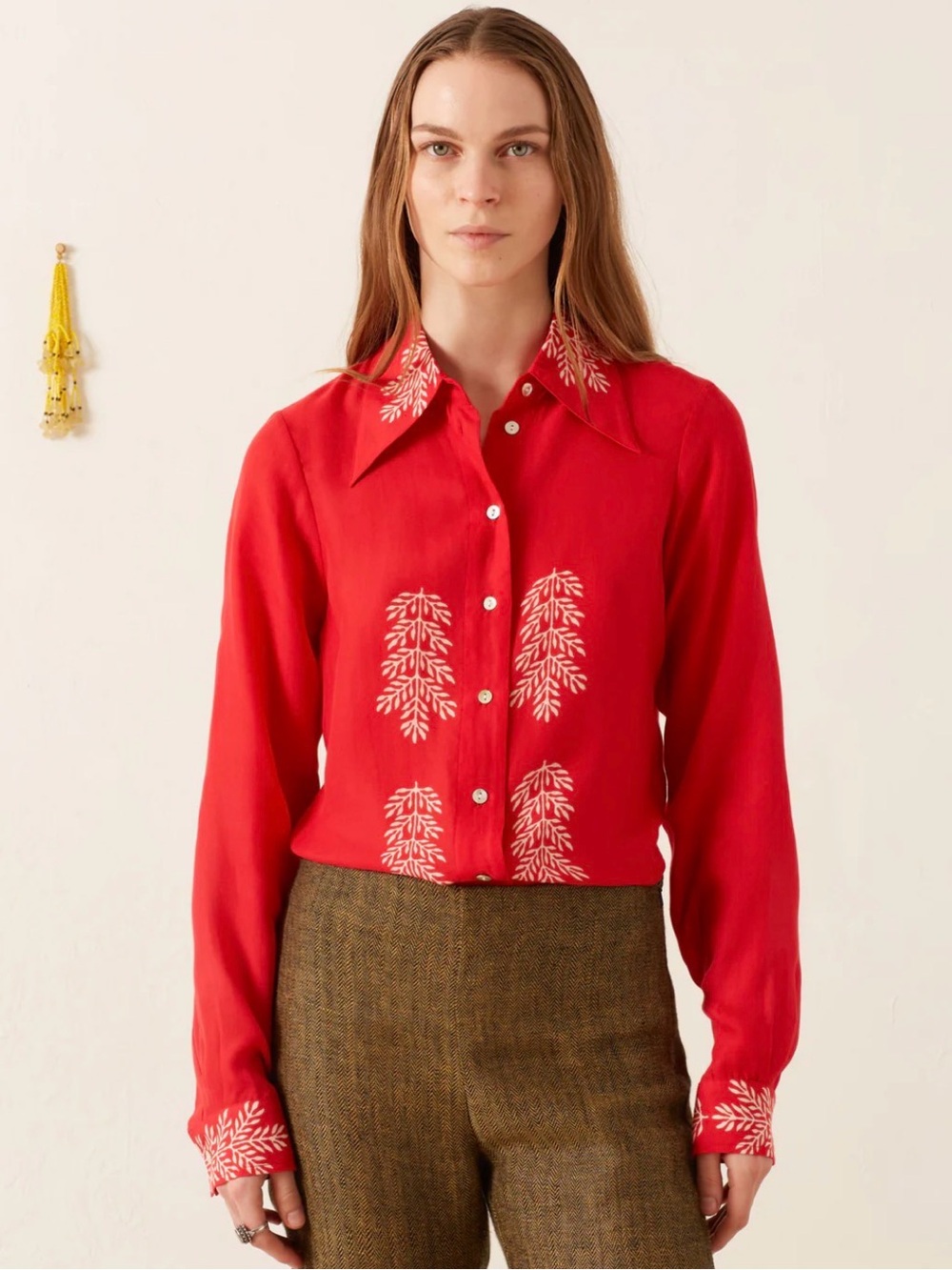 Alix of Bohemia Women's Red Embroidered Button-Down Shirt with Contrast Motif